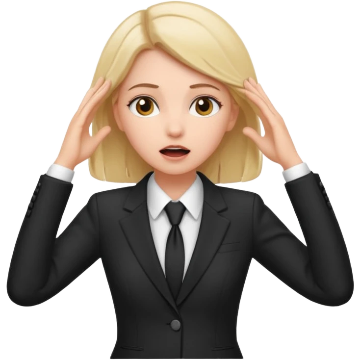 white girl in formal suit surprised, hands on head emoji