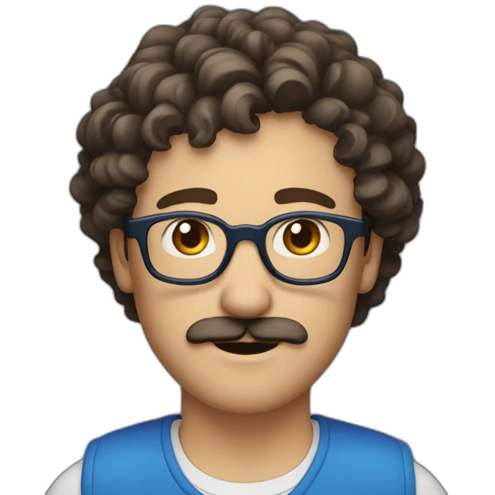 white man with short curly dark brown hair, blue small eyes, round eyeglasses and a brown mustache emoji
