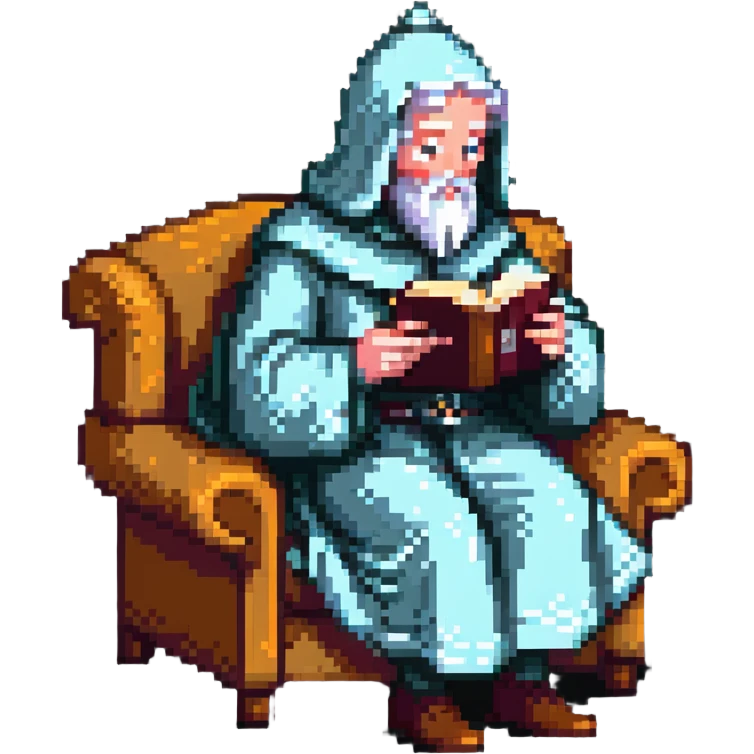 Chaucer reading and sipping tea, simple background, pixel art style emoji