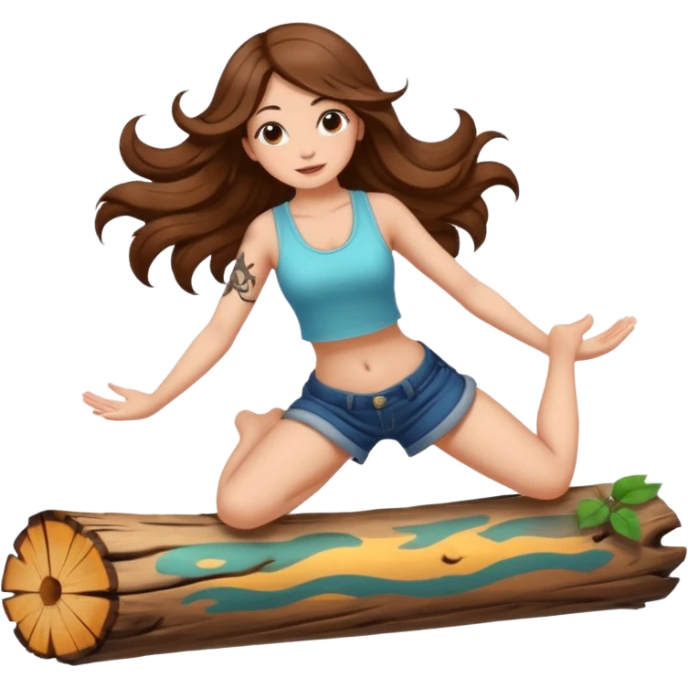 cute woman long wavy brown hair tattoos balancing on log emoji