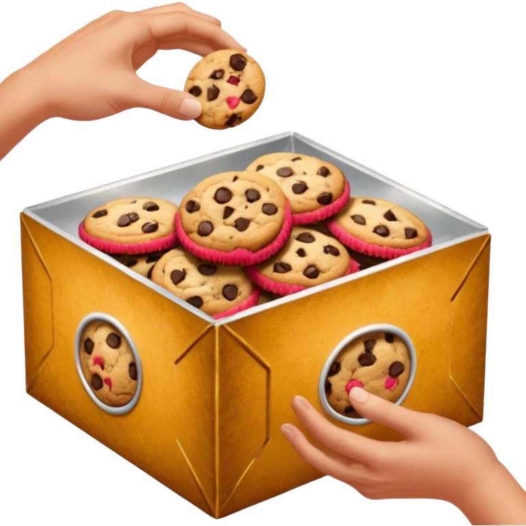 a hand taking a package from a transparent box of cookies emoji