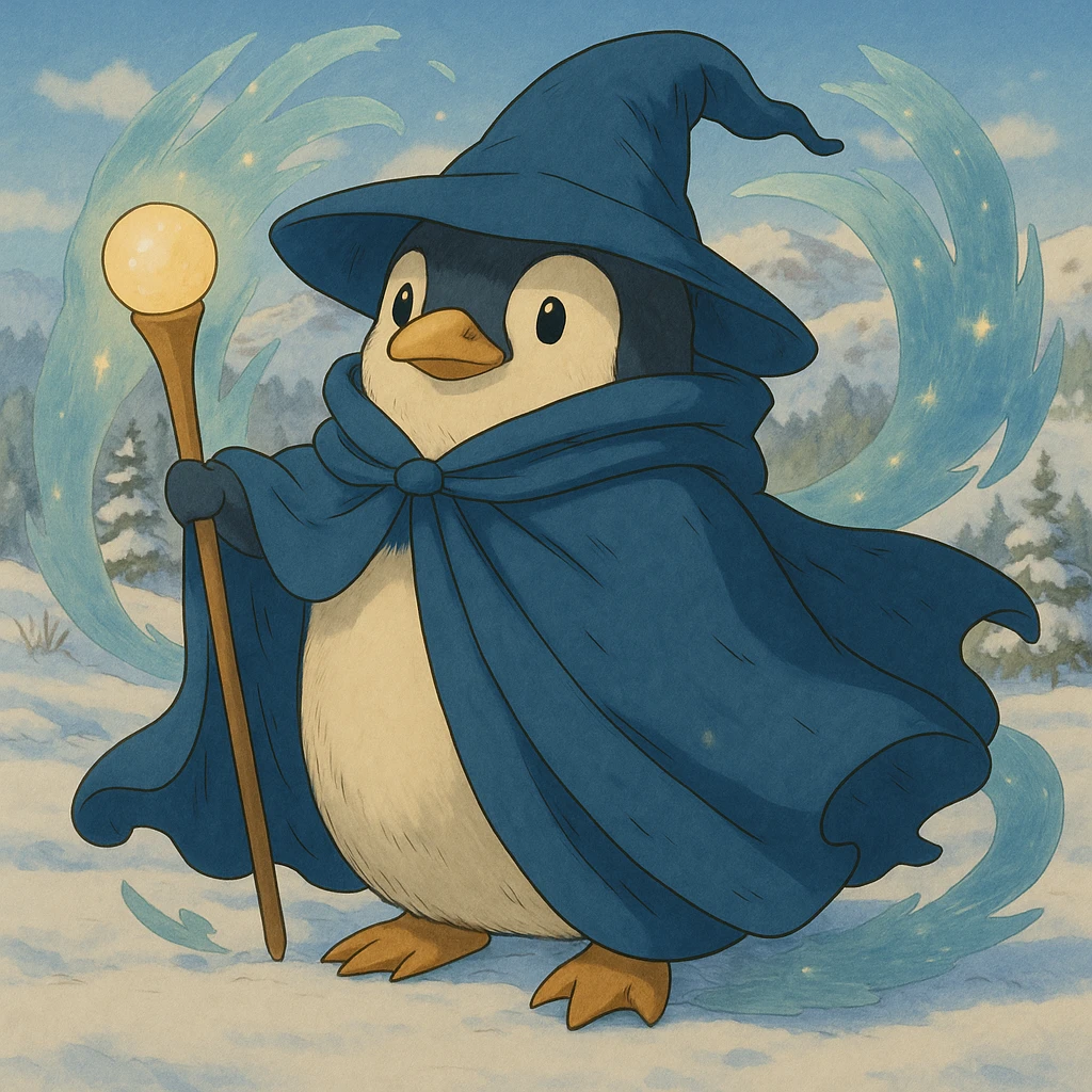 Add a snowy landscape background behind the ghibli style penguin wizard, keep all original colors and style emoji