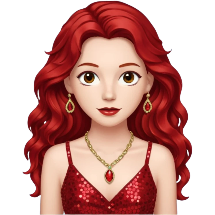 Chappell Roan, Pop Singer (b.1998) with long dark red wavy hair, red sequin dress and necklace emoji