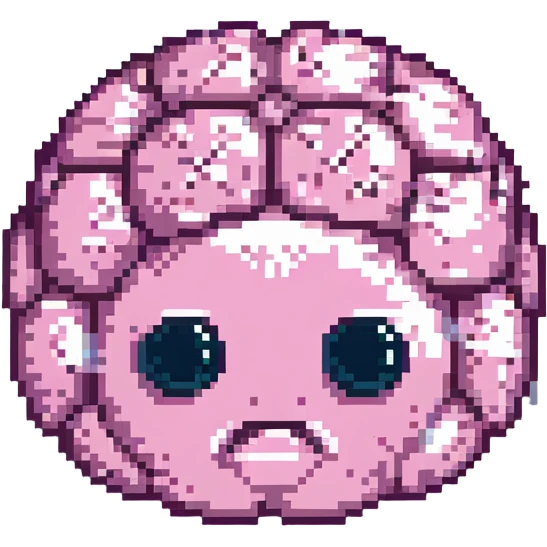 16-bit pixel art of a pink brain-shaped blob with sad droopy eyes and downturned mouth, smooth rounded brain texture, simple retro gaming style emoji