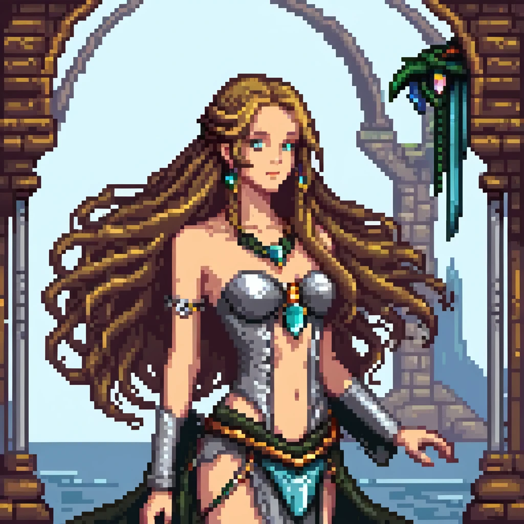 Beautiful girl with metal jewelry and long flowing hair in fantasy setting emoji