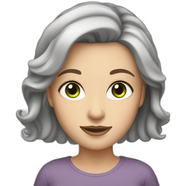 White woman with brown hair, gray roots, and green eyes emoji