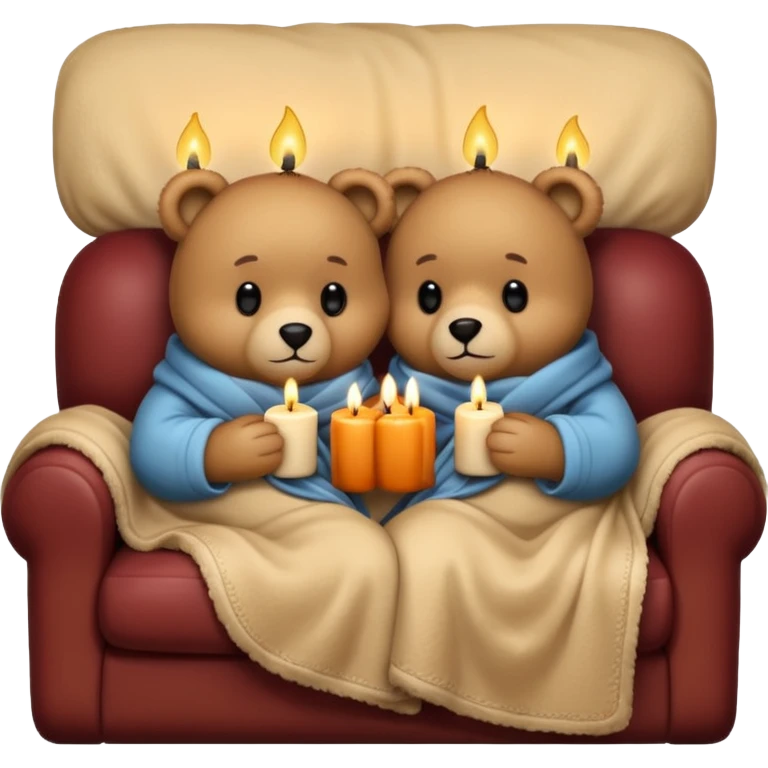 Two cozy teddy bears cuddling wrapped in a blanket watching tv on couch with candles next to them emoji