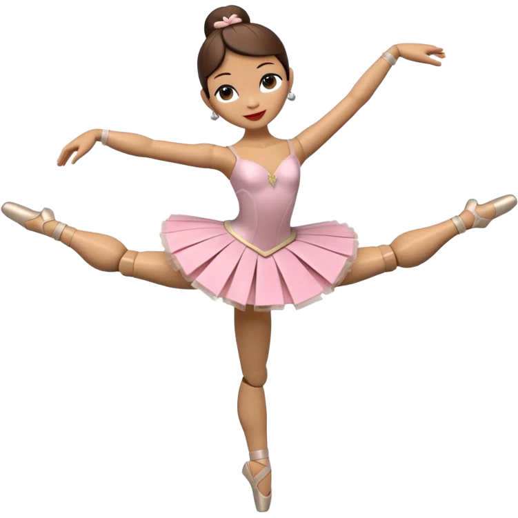 3D render of Ballerina Puppet as a wooden marionette puppet, Wood joints at knees, dancing pose, silver metal screw joints at elbows and knees, polished brown wood texture, rigid toy pose, Apple emoji style, isolated on white background --v 6.0. emoji