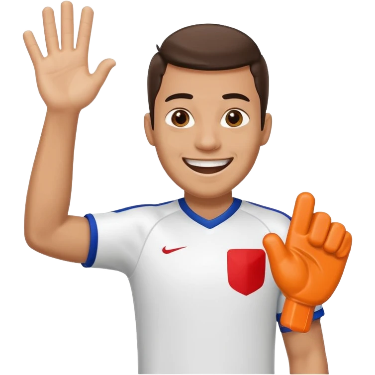 A cheerful man in a team jersey, waving a giant foam finger high with an excited grin. emoji