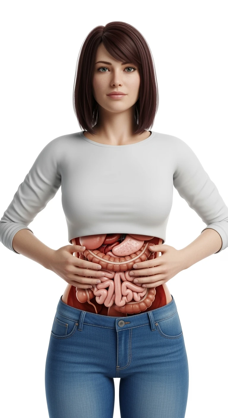 DONNA CHE SI STRINGE I FIANCHI CON LE MANI PER MISURARLI, INTESTINO ANATOMICO REALISTICO IN EVIDENZA, iperrealistico 4k, SENZA METRO, ISOLATA SU SFONDO BIANCO emoji