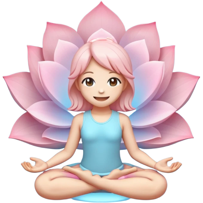 Cute flat-style emoji of a smiling lotus position, glowing aura around, pastel colors (light blue, soft pink), minimalist design, round frame, transparent background, 3D render, high details%::kawaii anime style::clay material render::pixel art 8-bit emoji
