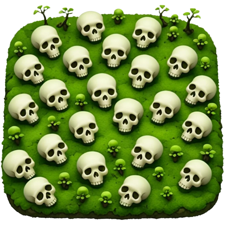 A creepy moss covered ground with skulls from a top down perspective. In the style of your bleeding skull art. In a realistic style covering the whole screen with little tint skulls. No border, all moss emoji