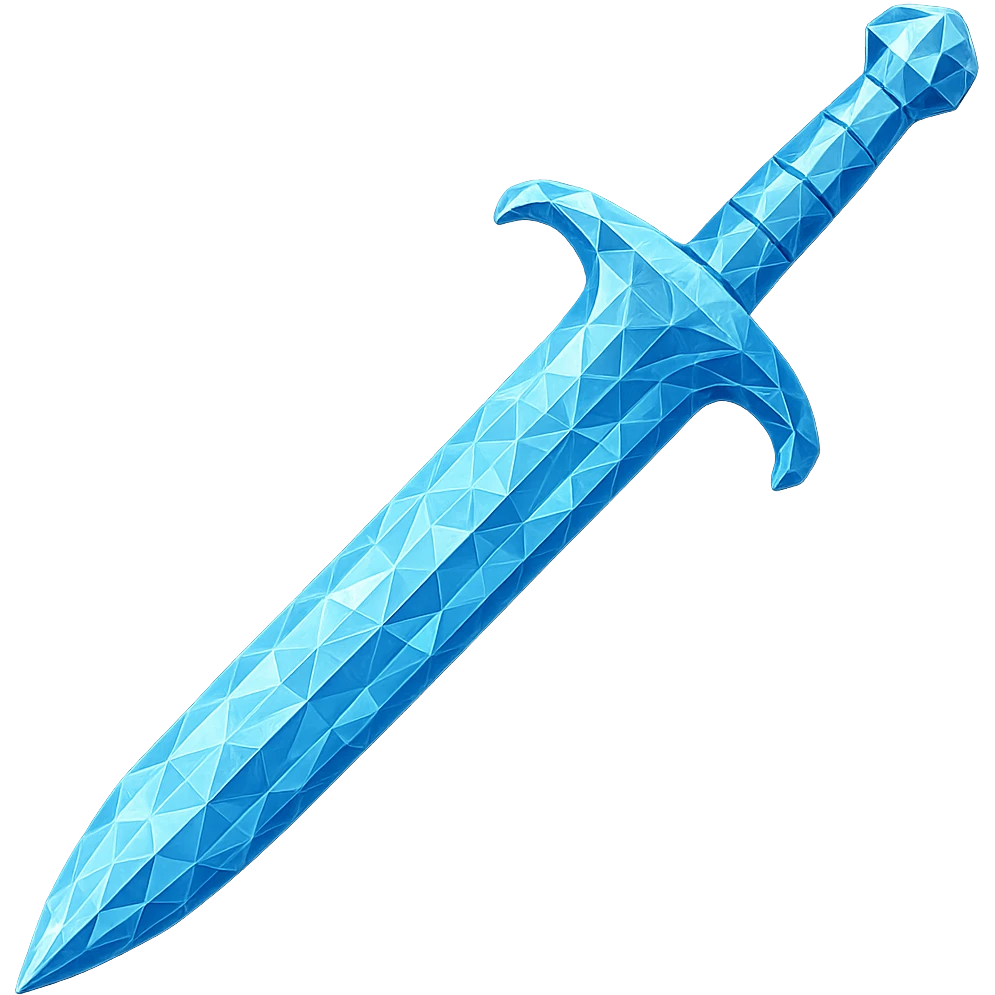 Transform the sword into a diamond version, matching the color, faceted texture, and shine of the diamond chestplate reference. Keep the exact shape and proportions of the original sword. Transparent background. The style should reflect a diamond faceted look with shine and clarity. emoji