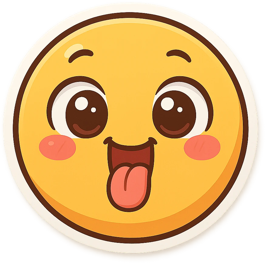 cheerful emoji for a kids quiz, wide eyes, tongue out, playful and cute emoji