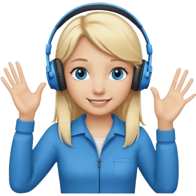 girl with blonde hair and blue eys, having on ears heaphones, with heands telling what  emoji
