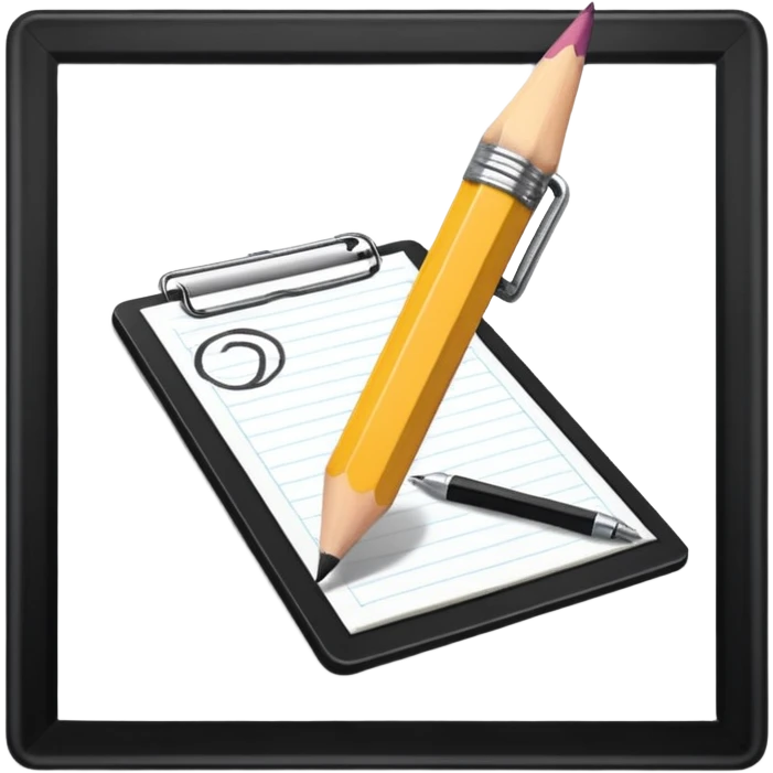 Create an icon representing the process of creating a black-and-white caricature. Include a pencil, a sketchpad with a humorous, exaggerated figure, and inking tools. Use bold lines and shading, with a transparent background. emoji