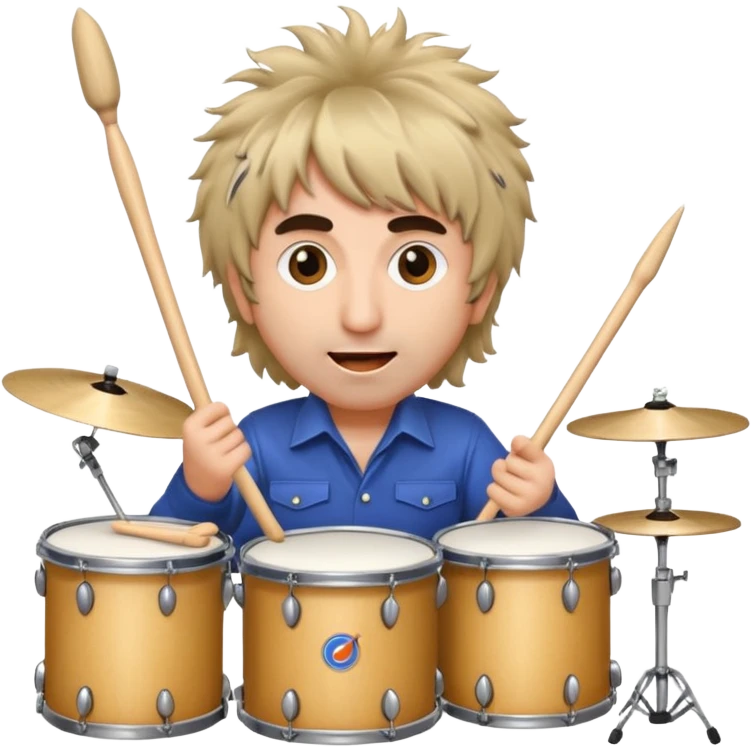 Keith Moon emoji style, playing drums, wild hair, energetic expression, drumsticks in motion emoji