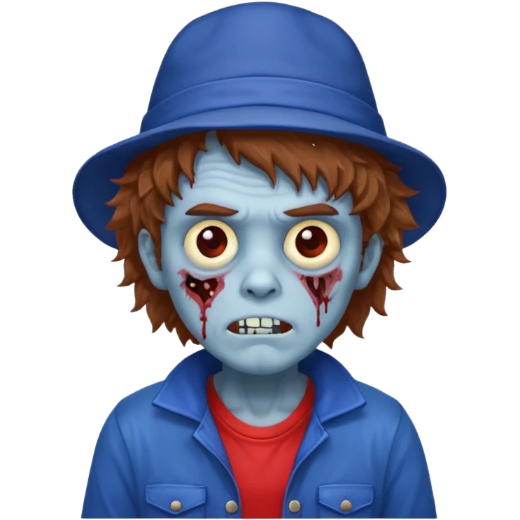 brown fluffy hair zombie with blue and white hat dark blue jilet red t shirt emoji