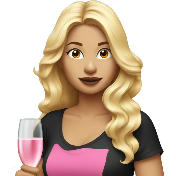 blonde lady with flowing hair drinking pink champagne and black t-shirt no cleavage emoji