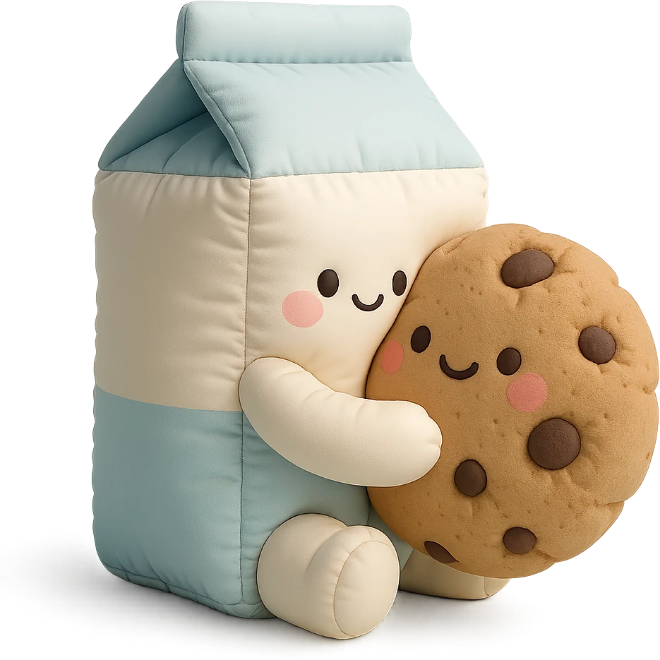 a cushion style milk carton hugging a cookie, both with cute faces, soft and puffy look, pastel palette emoji