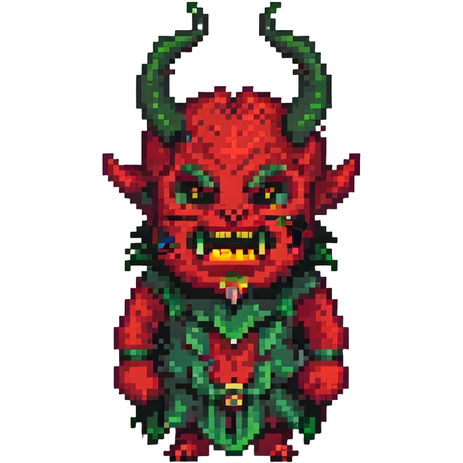 pixel art depiction of شیطان (Satan), classic devil with horns, red skin, mischievous expression emoji