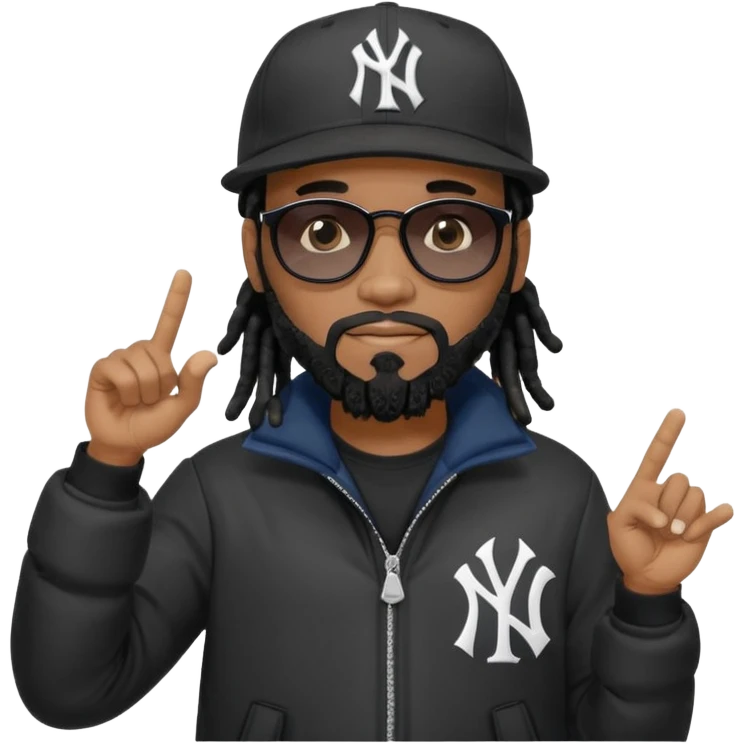 African American man with shoulder length black dreadlocks with black beard wearing black sunglasses wearing a New York Yankees logo baseball cap wearing a dark black bubble winter coat hand pointing out emoji