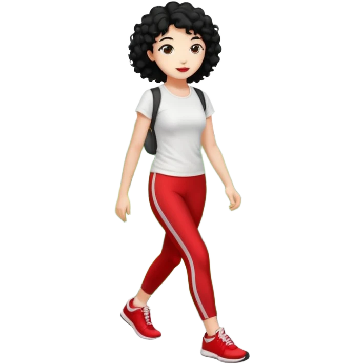 generate a pretty bratz fair skinned girl with curly black hair wearing a white tshirt trekking on a hill road with red sneakers on and black leggings.  Put a hill behind her emoji