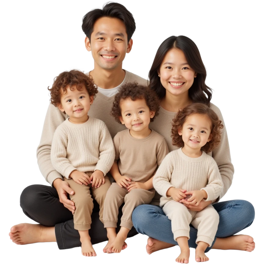family photo with parents and three children posing closely, detailed lifelike features, soft neutral background, skeuomorphism style emoji