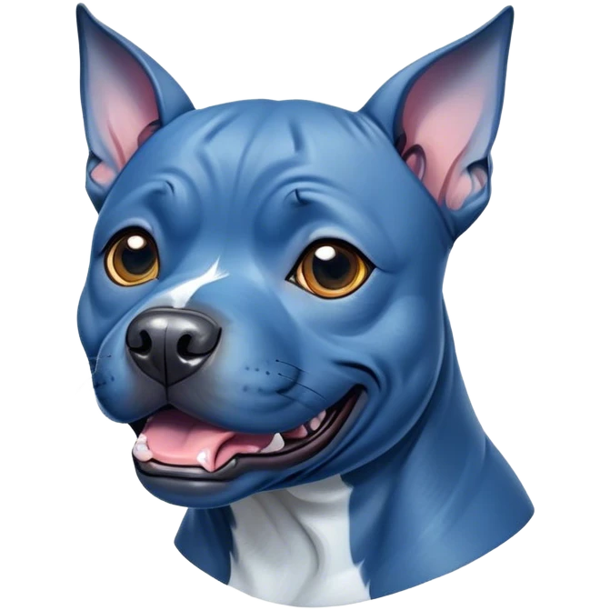 Cinematic Comical Blue Staffordshire Bull Terrier Portrait Emoji, Head tilted dramatically with an exaggeratedly amused expression, featuring a striking blue Fur with a subtle shimmer, wide, expressive dark eyes filled with playful disbelief, Simplified yet hilariously expressive features, highly detailed, glowing with a slightly sassy glow, high shine, dramatic yet playful, stylized with an air of cheeky mischief, bright and endearing, soft glowing outline, capturing the essence of a spirited and over-the-top guardian, so meme-worthy it feels like it could side-eye its way into internet fame instantly! emoji