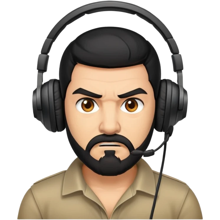 Angry man with black hair, brown eyes, black beard wearing a gaming headset emoji