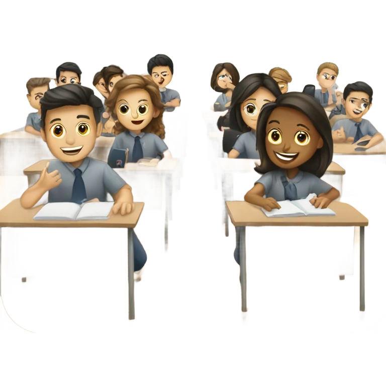 10 students at desks talking in pairs emoji