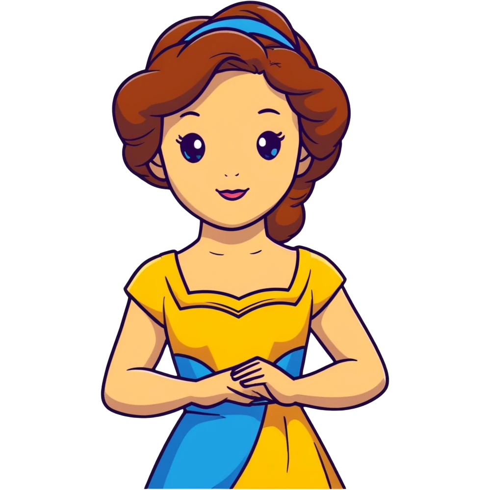 Disney Princess Belle from Beauty and the Beast with brown hair and face with freckles, yellow dress emoji