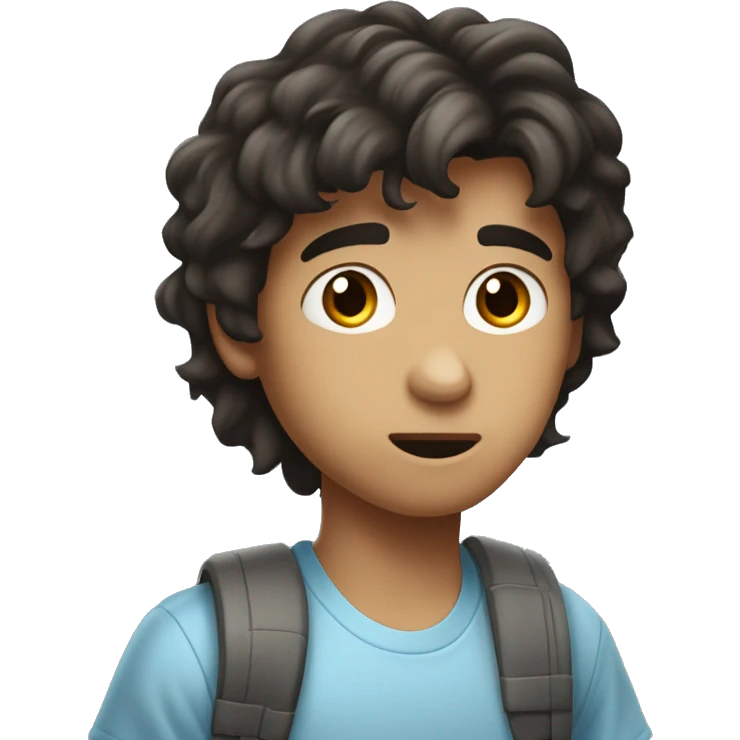 "Young person with medium-length, tousled dark hair, fair skin, and dark, expressive eyes looking slightly to the side. Wearing a light blue, casual T-shirt with a slightly surprised or curious expression." emoji