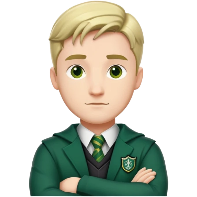 An adult man slightly to the side looking forward with crossed arms wearing the Slytherin uniform emoji