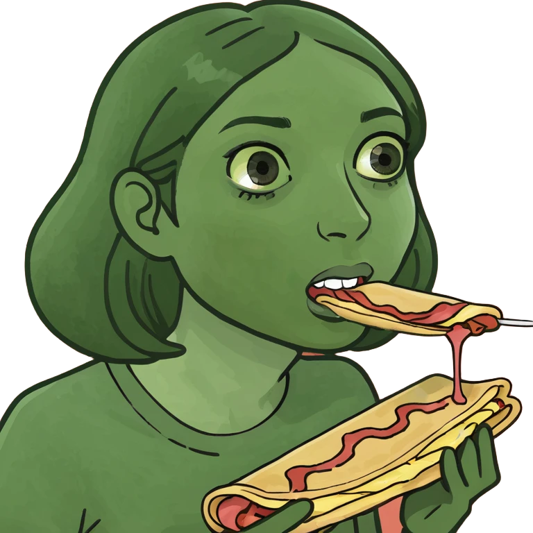 Girl eating crepe with bacon emoji