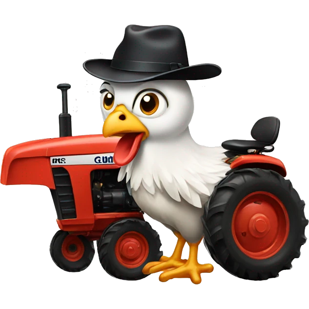 Chicken sitting on a tractor with a hat emoji