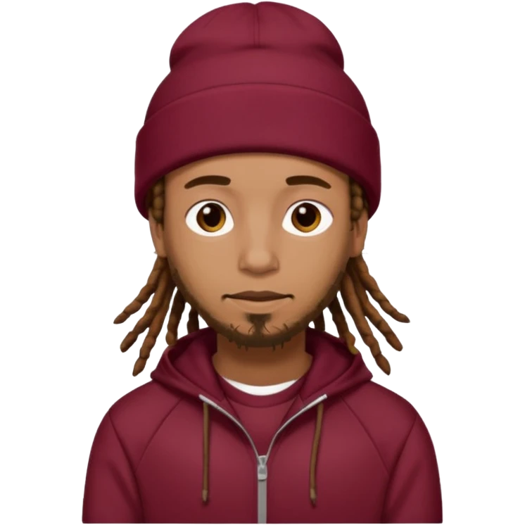 Animate a caramel skinned male with brown dreads and a tan colored  beanie. Wearing a burgundy tracksuit on with no beard  emoji