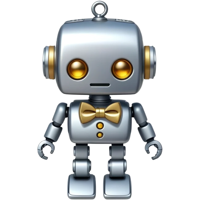 A tiny decorative robot charm with a bow tie, representing a non-essential AI accessory emoji