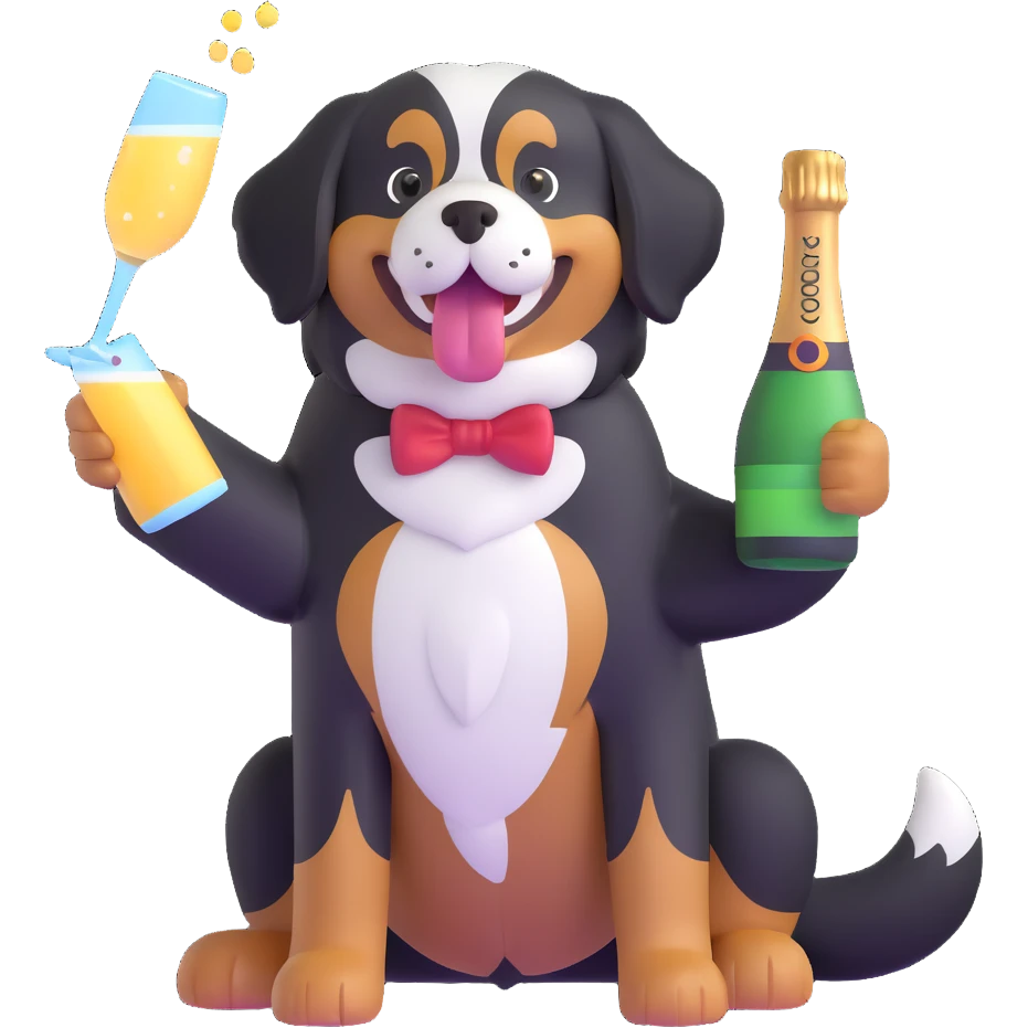 bernese mountain dog with a toy champagne bottle in its mouth, wagging tail emoji