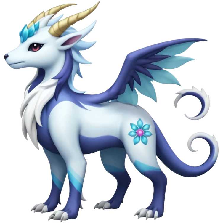 Shiny Glossy Pastel Light Divine Dragonic Beautiful Floral Snowy Pretty Absol-Amaura-Suicune-Cobalion-fusion, full body emoji