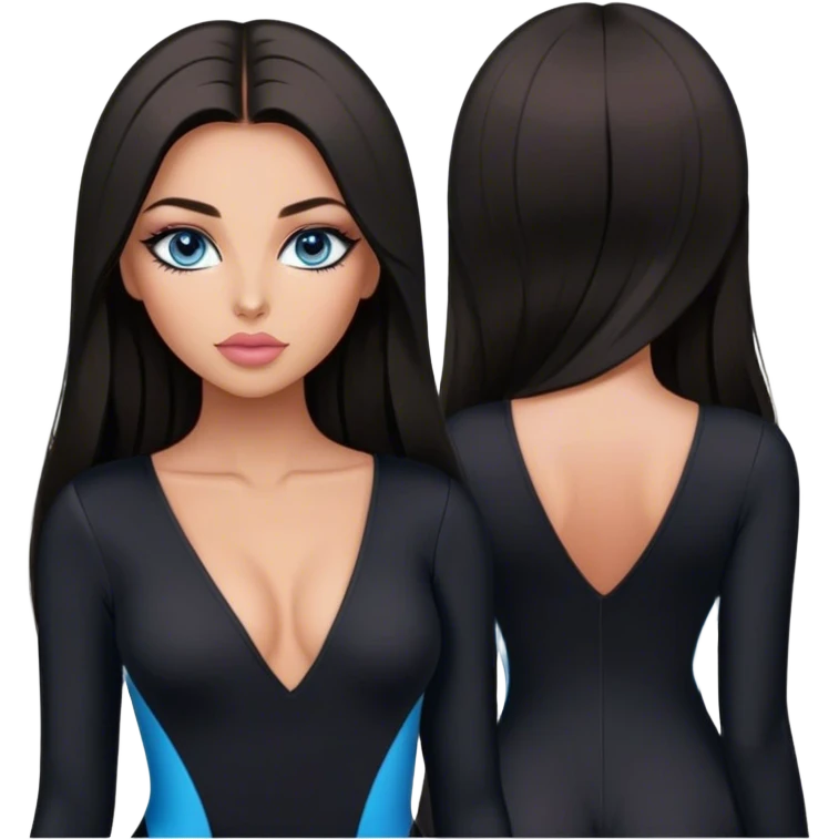 Glamours make-up, tanned, beautiful, girl, with blue eyes, big pump peach-beige-rose lips, eyeliner, long lashes, black straight smooth silky long hair, parting hair in the middle,  in black v-neck bodysuit long sleeves emoji