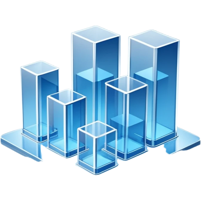 A minimalist 3D illustration of abstract glass buildings in blue tones, made of transparent glass-like materials with soft lighting and subtle reflections, isometric perspective, white background, futuristic architecture concept, volumetric light, clean render, high detail, no text emoji