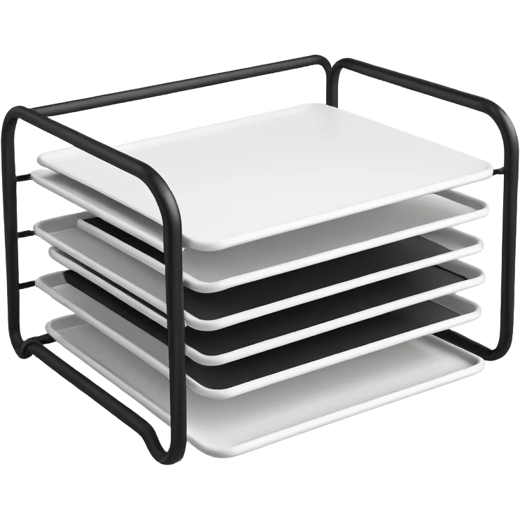 A minimal, clean emoji-style illustration of a white metal desk paper organizer tray, shown in slight isometric view so its structure is readable at a small scale. The organizer is rectangular with rounded corners, made of thin white metal wires, forming two to three stacked horizontal slots. emoji