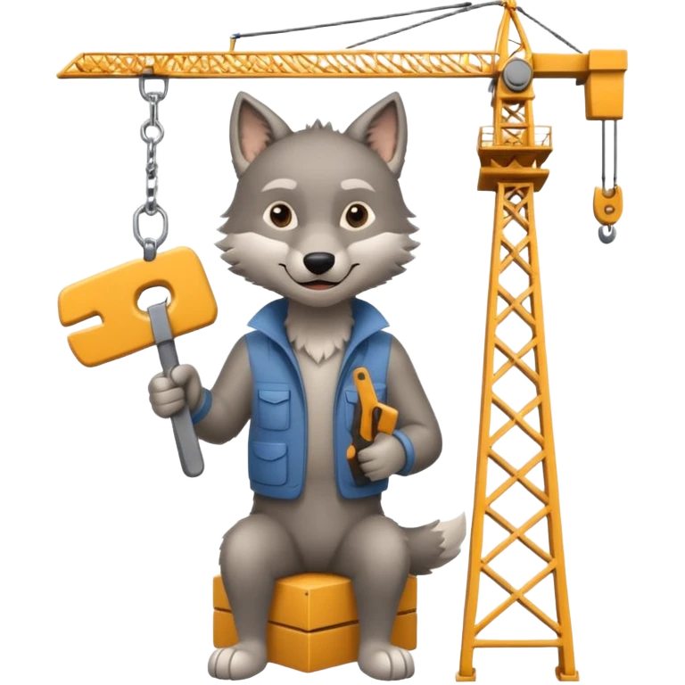  a joyful gray wolf sits on a tower crane and holds a saw in his hands emoji