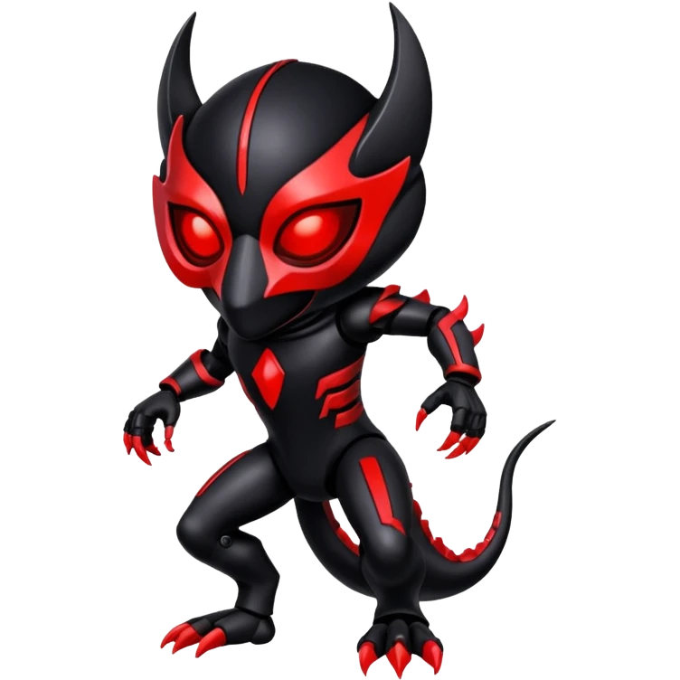 Black shiny alloy Cyber-Lombax-Fakémon-creature with dark black mask and shiny glowing neon red markings (full body) emoji