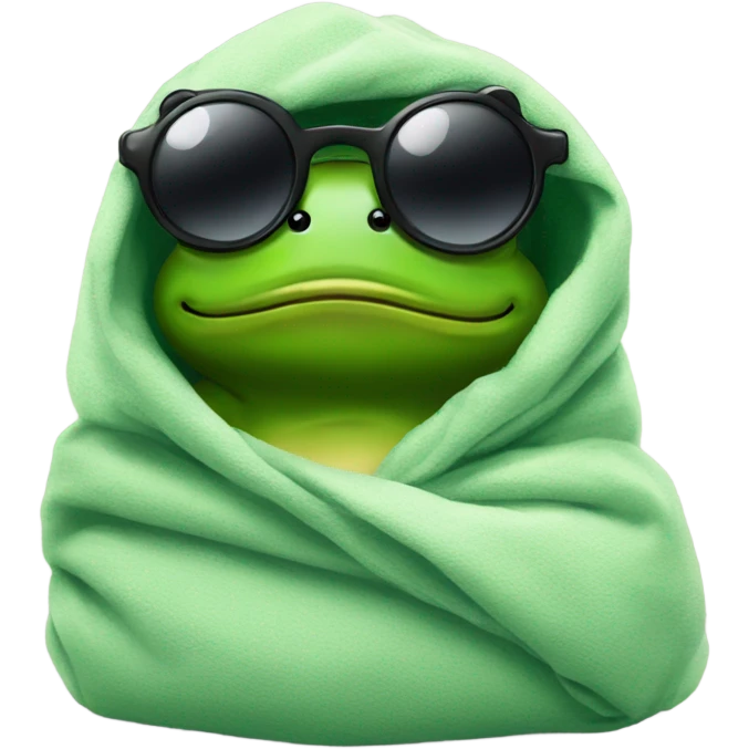 frog wrapped up in a blanket with sunglasses and smoking emoji
