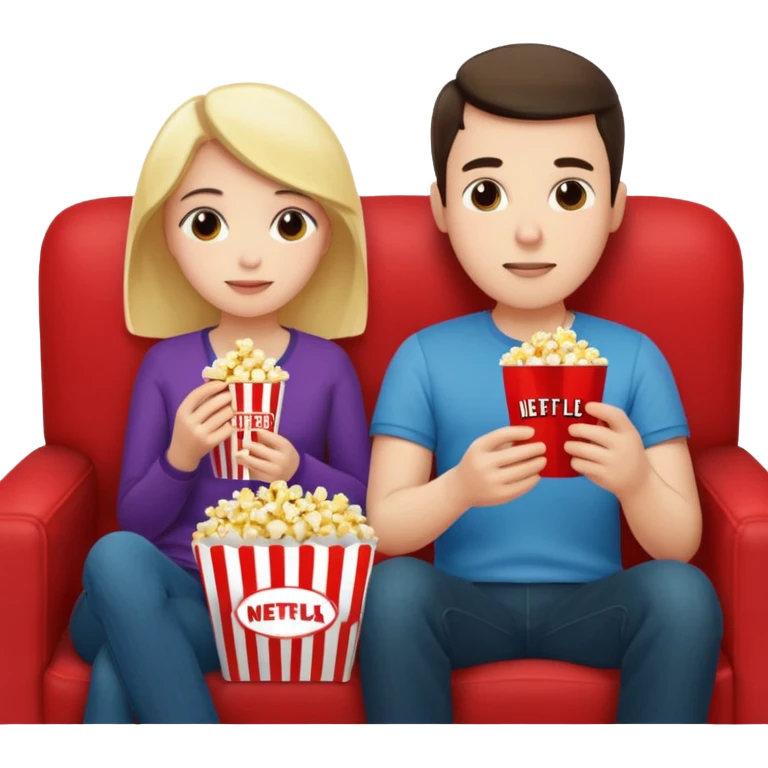 Crea un emoji dove si vedono un uomo e una donna mangiano i pop corn su un divano e guardano la televisione, nella televisione ci deve essere scritto netflix emoji