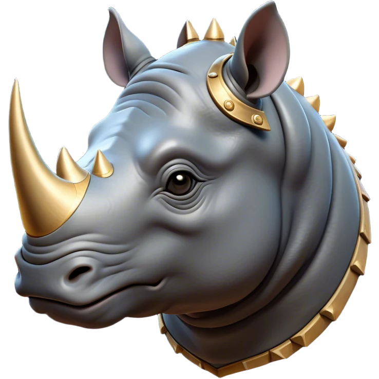 Cinematic Noble Rhinoceros Portrait Emoji, Poised and regal, with a massive, powerful build and a thick, armored hide of slate gray, deep-set soulful piercing eyes, Simplified yet sharp and sophisticated features, highly detailed, glowing with a soft, dignified glow, high shine, intelligent and formidable, stylized with an air of ancient might, focused and attentive, soft glowing outline, capturing the essence of a watchful and commanding behemoth, so majestic it feels as though it could charge out of the screen with effortless authority! emoji
