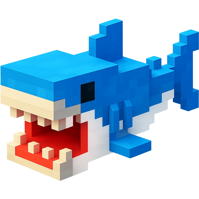 voxel style shark, open mouth, blocky, blue and silver, no background emoji