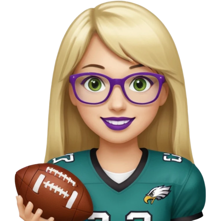 long blonde hair with straight bangs, black rectangle glasses, female, green eyes wearing eagles uniform jersey number 33 holding football smiling purple lipstick emoji